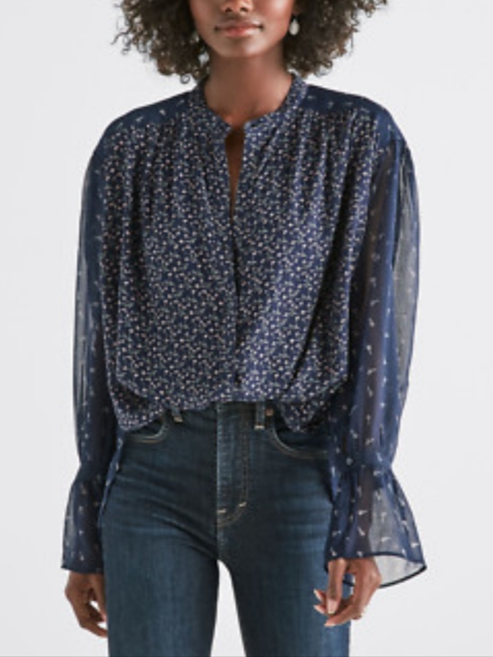 Lucky Brand Navy Blue Boho Mixed Floral Print Blouse Size 1X